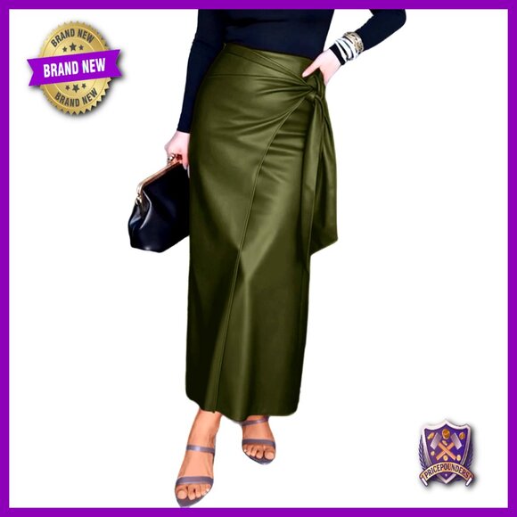 Dresses & Skirts - Faux Leather Pencil Skirt High Waisted Wrap Side Slit Work Office